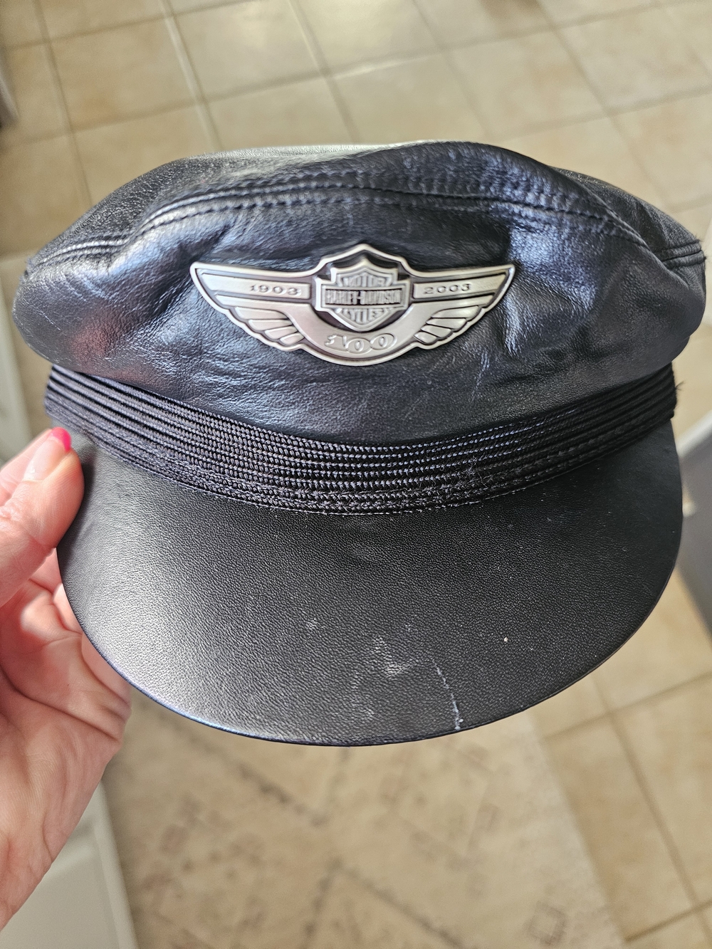 Harley-Davidson Vintage Black Leather 100th Anniversary Biker Cap Size M